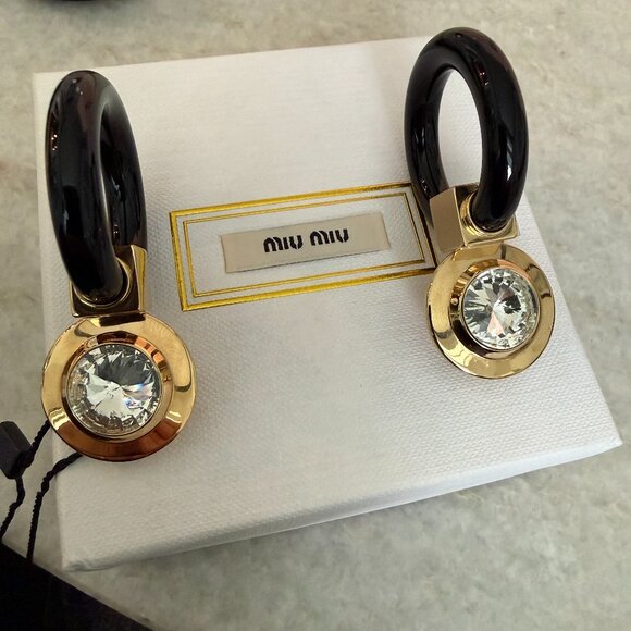 Miu Miu SIO079 Plex Circle Cry Gold & Black Circle Crystal Acetate Drop Earrings - Picture 11 of 11